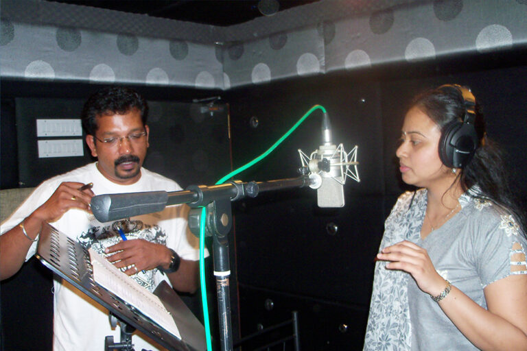 Priyadarshini with Music Composer Venkat Krishi during the Tamil movie Naan Than Bala song recording